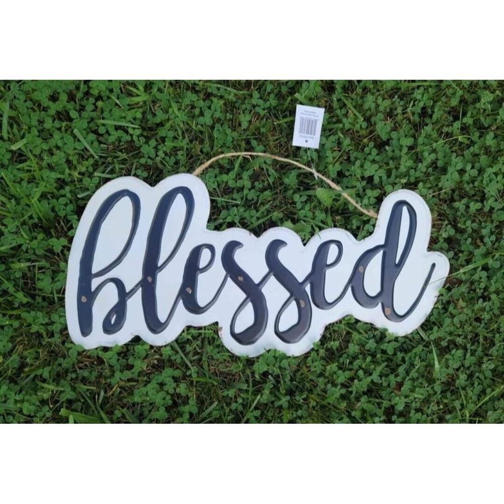 Blessed in Cursive Rustic Enamel Cutout Sign 3D Look Wall Hanging Decor 22 x 10